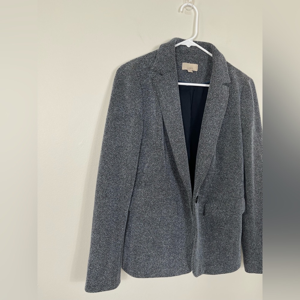 LOFT Navy Houndstooth Chevron Tweed Blazer Jacket Suit Women’s Size 6 - Picture 3 of 13
